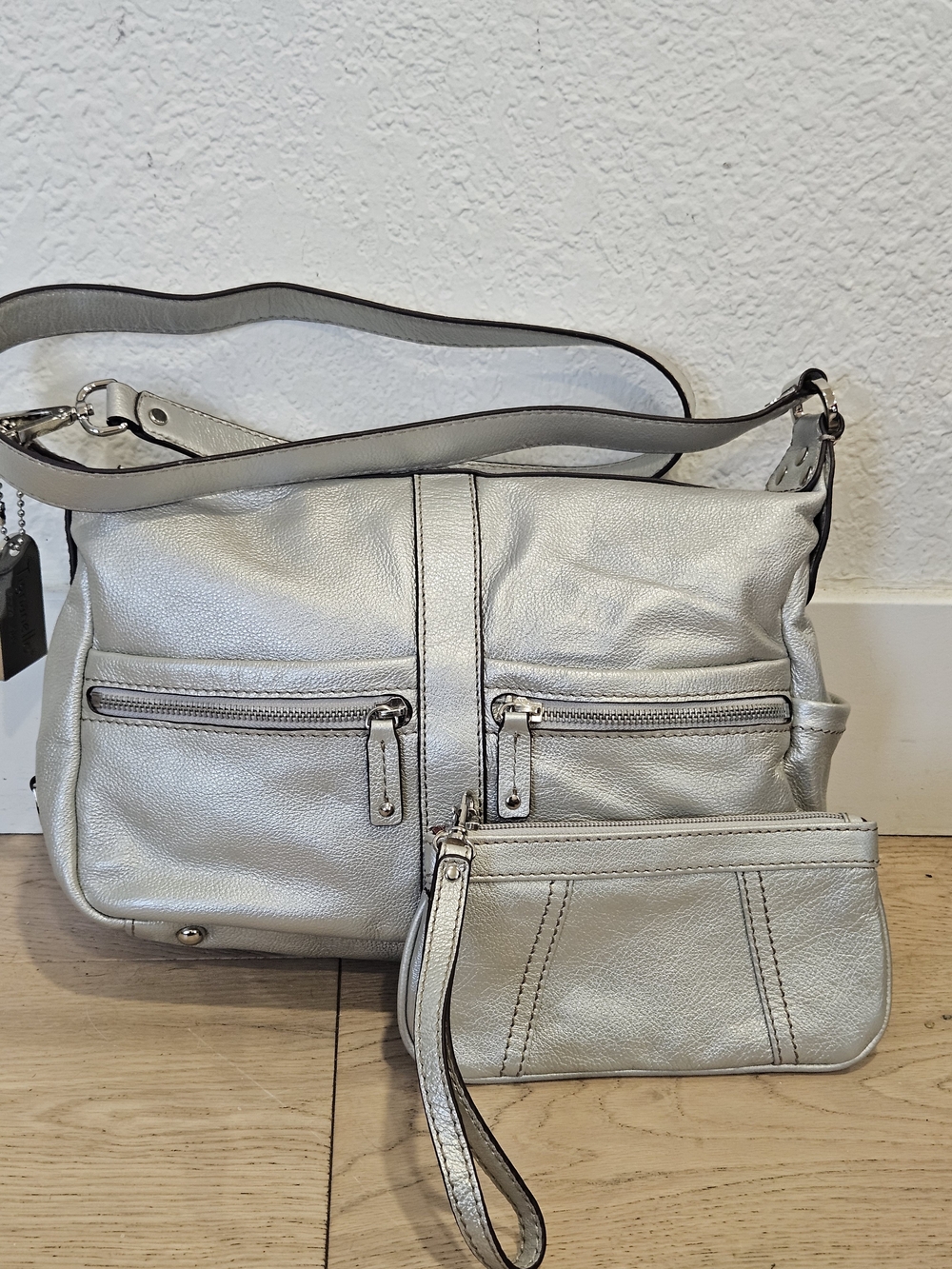 Tignanello Metallic Silver Pebbled Leather Multi-Pocket Shoulder Bag & Wristlet
